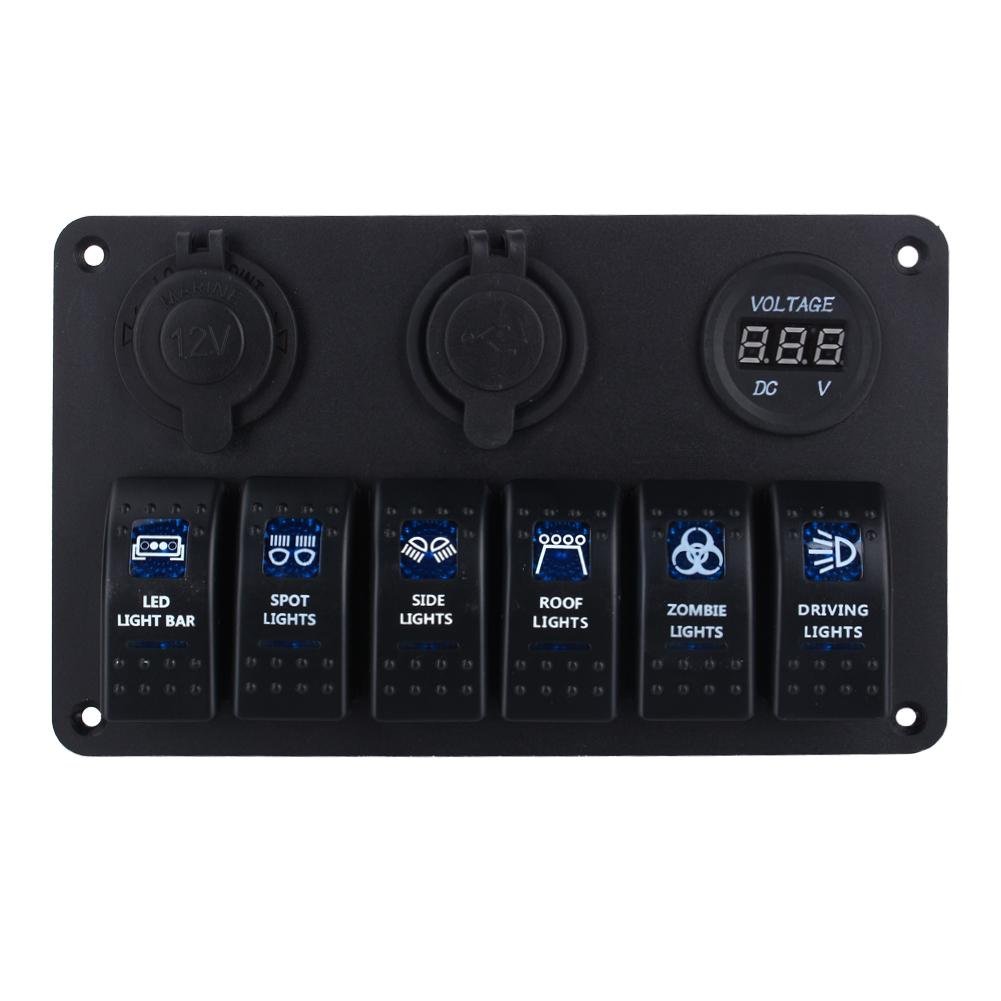 Pannello Interruttori a Bilanciere Marino, 6 Pulsanti LED Blu, 12-24V, Impermeabile, per Auto Camper Barca