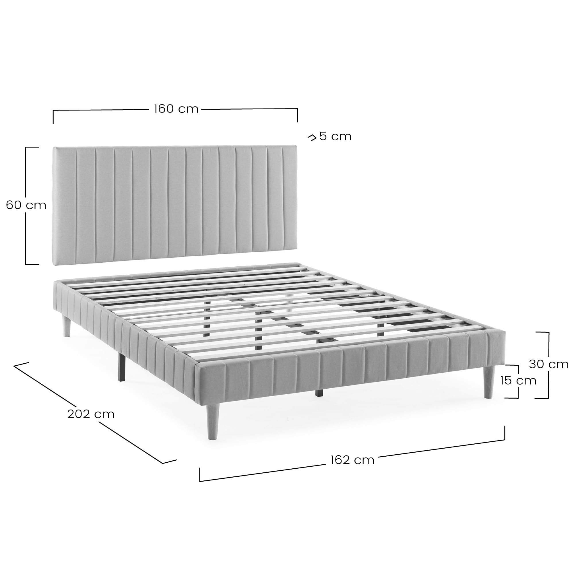 HOMN LIVING Base Imbottita + testiera Eris 160x200 cm Grigio Scuro, 30 cm Altezza
