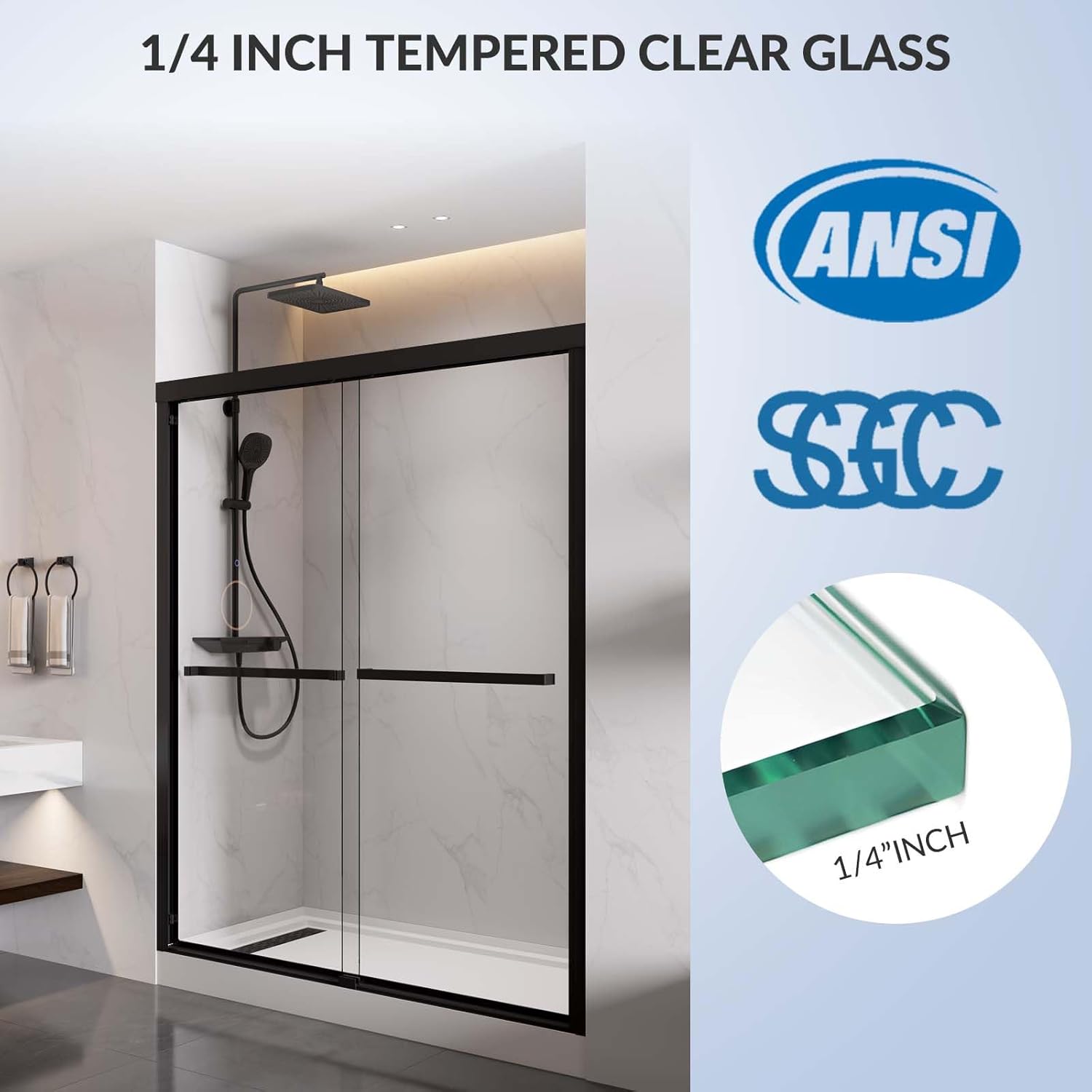 MORVANO Double Sliding Shower Door 56-60" W x 72" H, Semi-Frameless Bypasss Bathroom Glass Shower Sliding Doors, Walk-in Glass Shower Door with 1/4" (6mm) SGCC Certified Tempered Glass, Matte Black