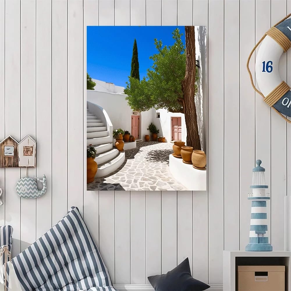 GOSRD Canvas poster Print Mediterranean Courtyard White Walls Terracotta Pots Tree Steps Blue Sky Landscape Art(50x75cm)