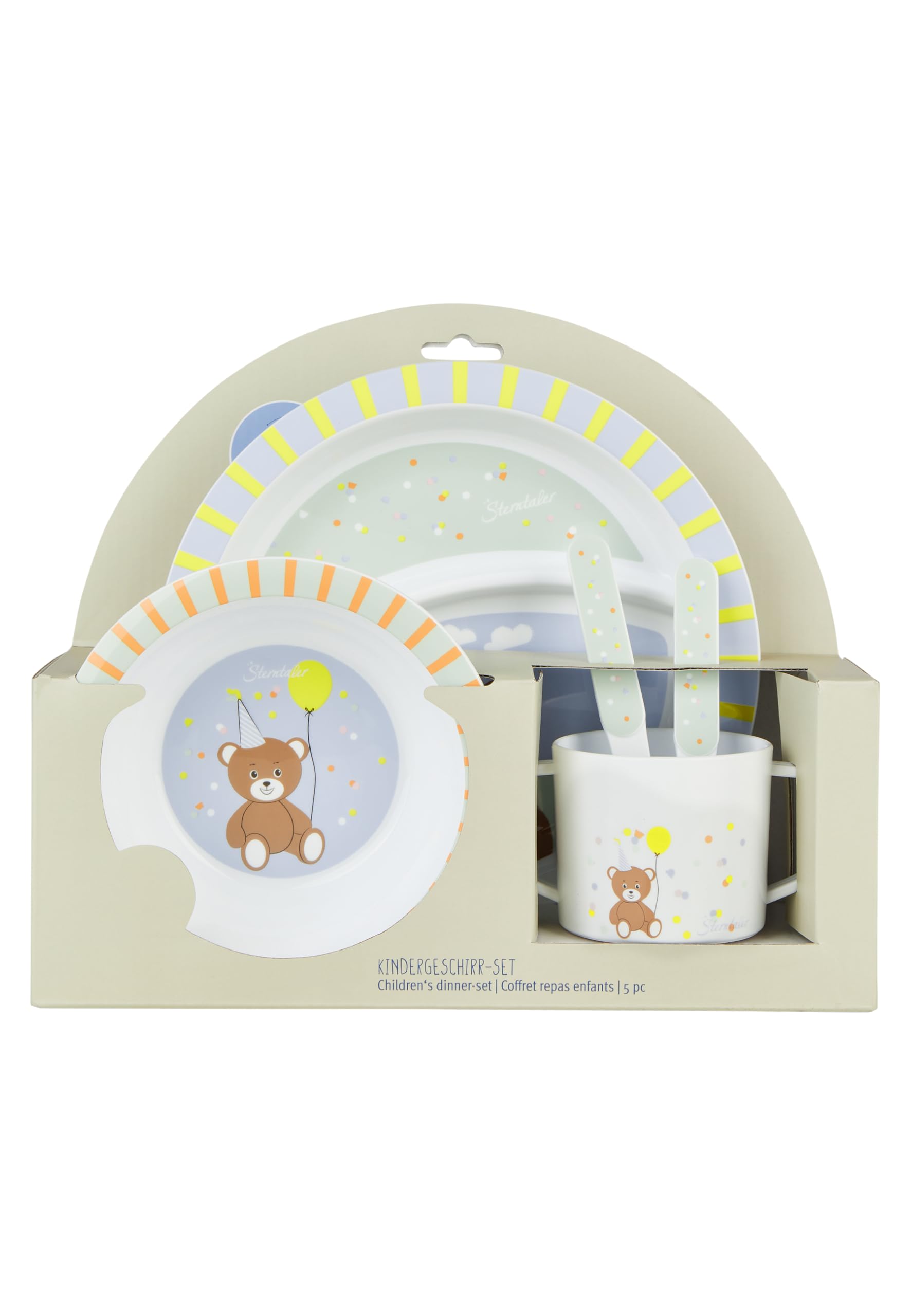 Sterntaler Geschirrset Familie Bär, Kinder-Geschirrset für Babys und Kleinkinder, rutschfester Sockel an Teller, Schale und Becher, lebensmittelecht, robust, spülmaschinengeeignet, 23,5×25×10 cm, bunt