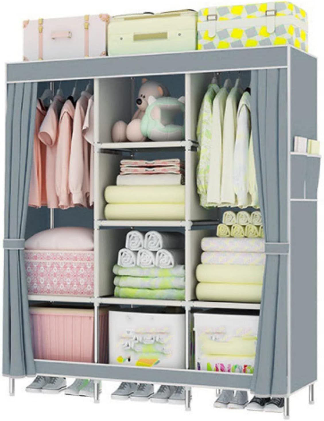 Armario,Armario de Lona Portátil,Armario de Tela con Barra para Colgar y Bolsillos Laterales,Armario Plegable para Dormitorio,Grey-128x45x170cm