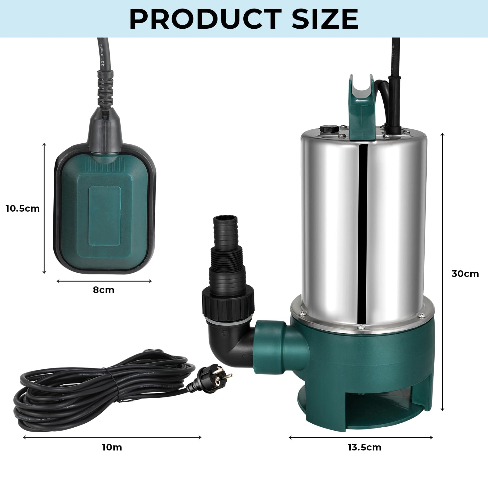 Bomba Sumergible Agua Sucia 1100 W (Máx.16500L/H,Cabezal Máx. 9,5m,Partículas Suciedad: 35mm) Bomba de Agua Sucia Autocebante,con Interruptor Flotador y Asa Transporte,para Piscinas,Estanques (Verde)