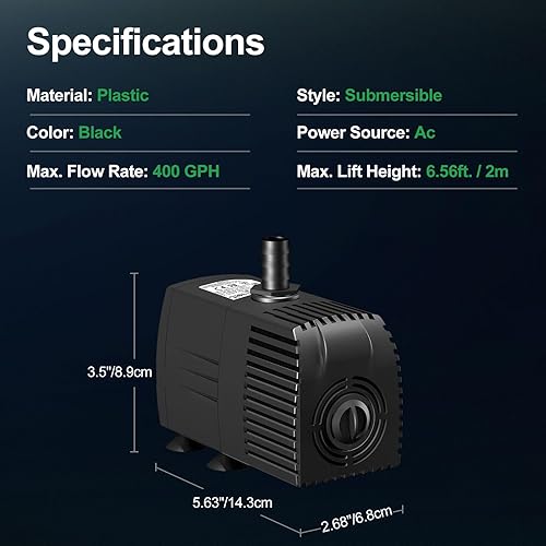 Miniatura 2 de Longrun Bomba sumergible de 400 GPH (1500 LH), bomba de fuente de agua ultra silenciosa con cable de alimentación de 6.5 pies, 1 boquilla para