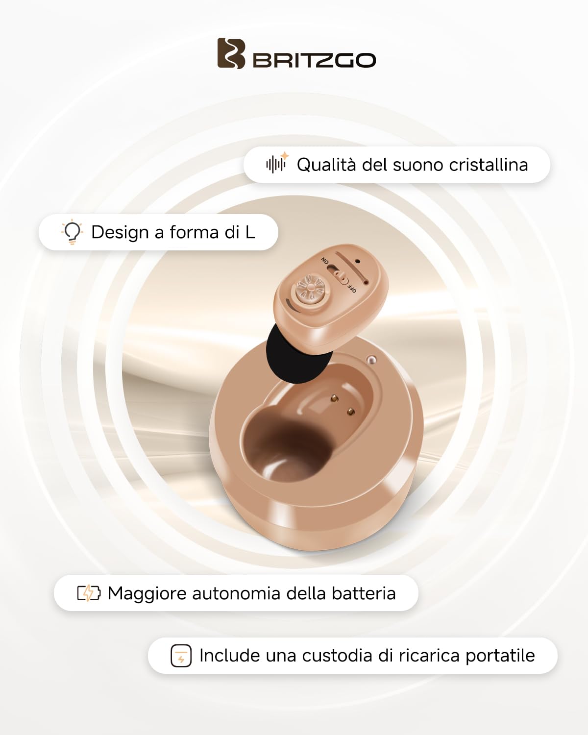Britzgo Amplificatore Acustico VHP-1607 con Riduzione Intelligente del Rumore, Custodia di Ricarica Portatile, Design Ergonomico a L, Autonomia fino a 48 Ore e Ricarica USB (Beige)