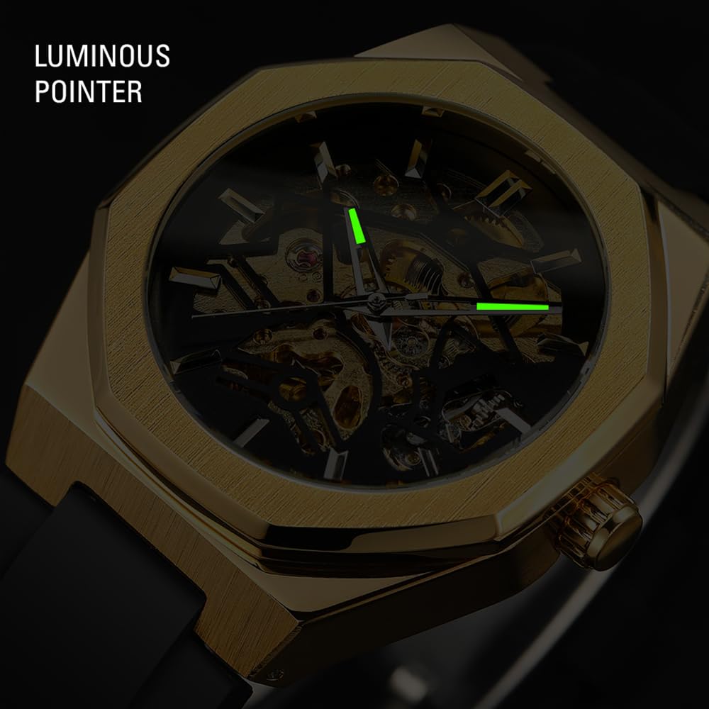 Reloj mecánico automático esqueleto para hombre con manecillas luminosas, correa de silicona negra, caja octogonal