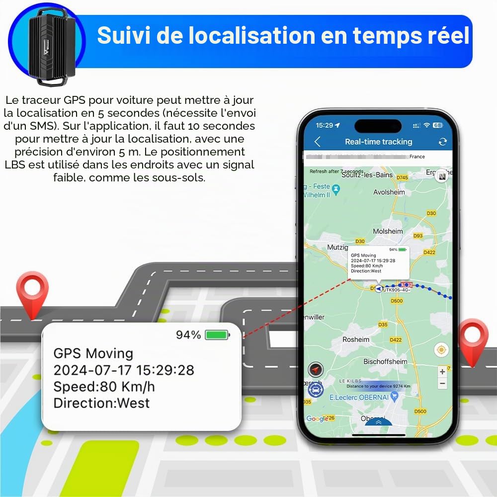 Traceur GPS Voiture Winnes Tracker Magnétique Suivi en Temps réel Localisateur avec 3000mah Batterie Rechargeable