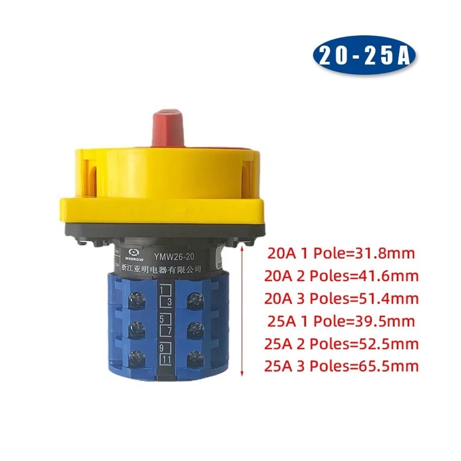 Interruttore sezionatore 20A/25A Due Posizioni 1/2/3 Poli Sezionatore LW26GS 48x48mm 64x64mm Lucchetto Selettore a camma Rotante(25A 1Pole 48mmPanel)