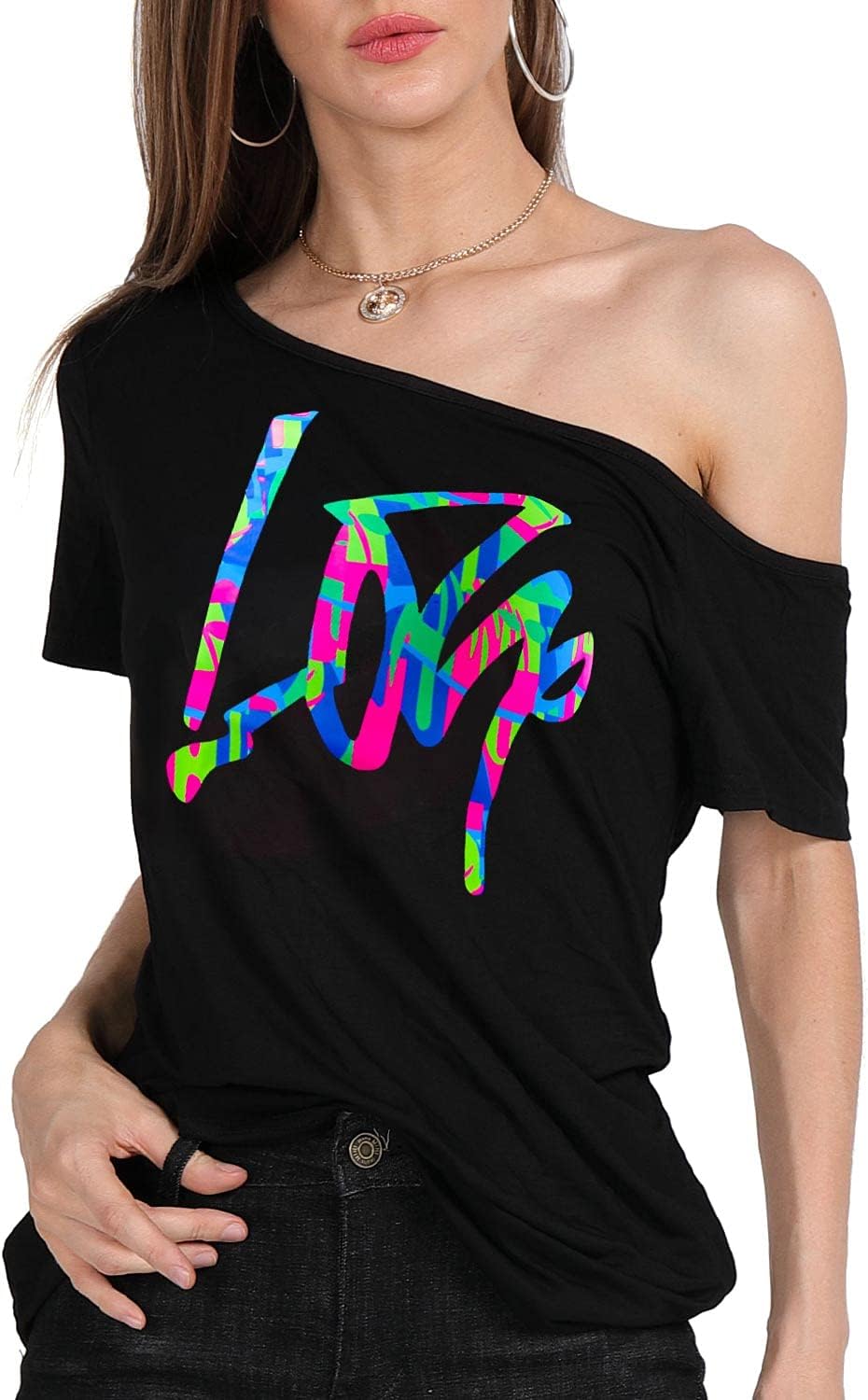 MAGICMK Women’s Short Lips Print Causal Off The Shoulder Plus Size T-Shirt Tops - Image 6