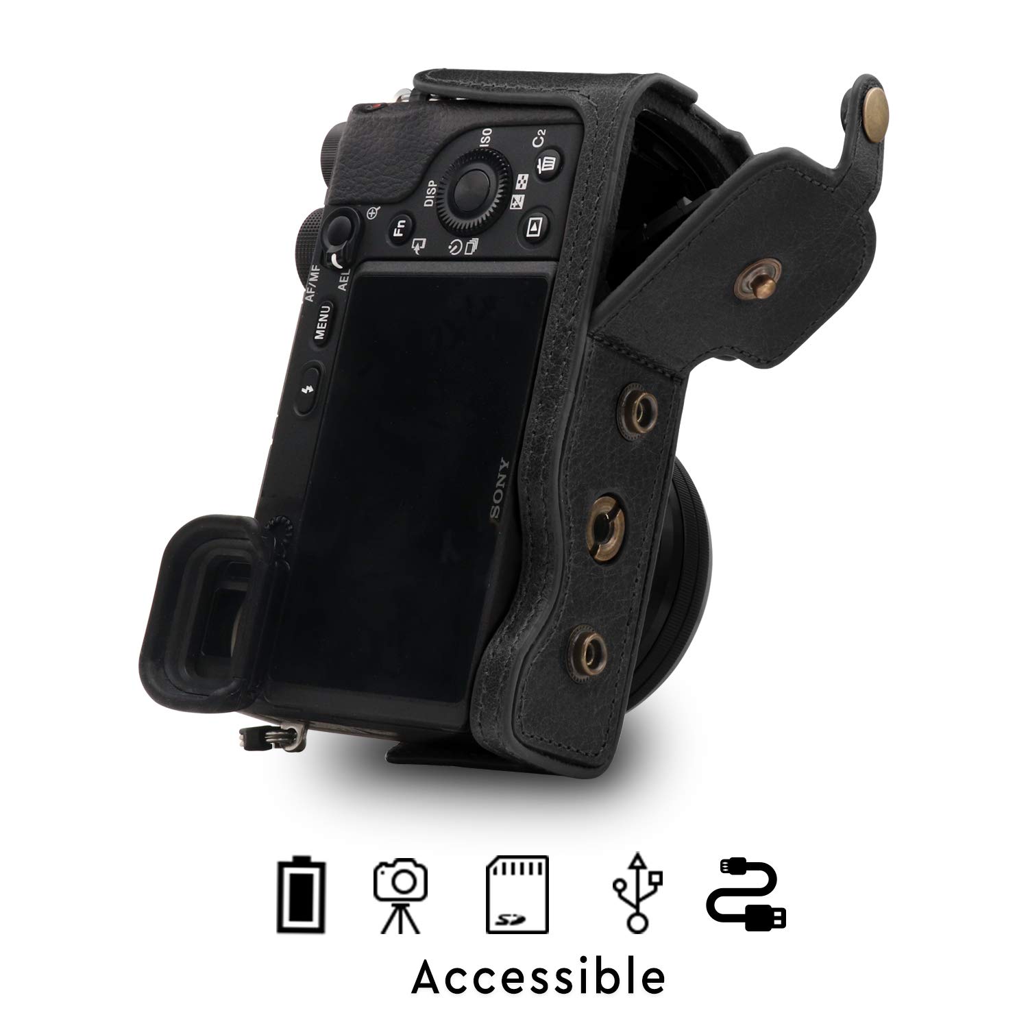 MegaGear Ever Ready - Custodia per fotocamera in vera pelle, compatibile con Sony Alpha A6100, A6400 (16-50 mm)