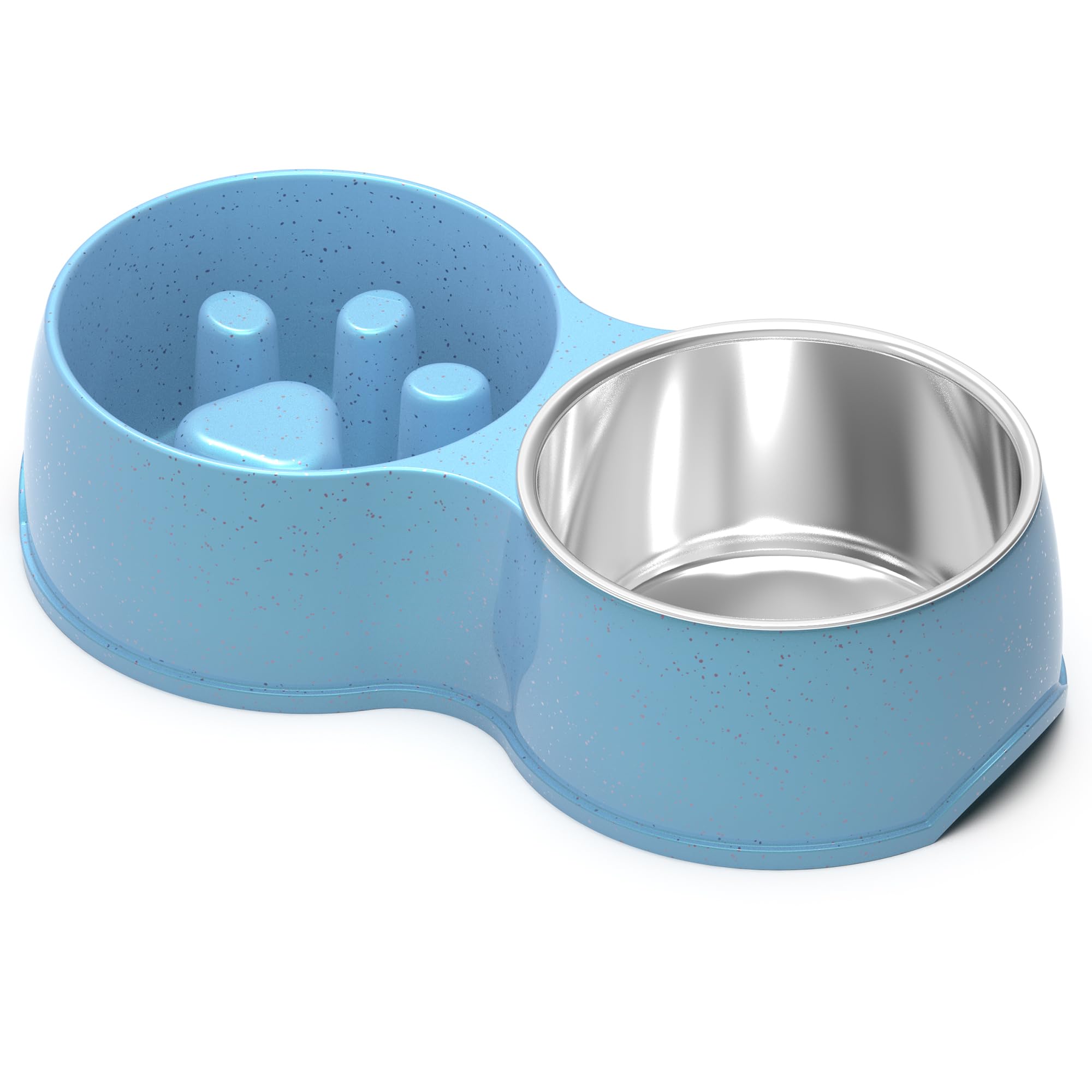 ZENO Double Slow Feeder Dog Bowl | Raised Bowl With Non-Slip Bottom | Cat and Dog Food and Water Bowls | Stainless Steel | Detachable Raised | Blue