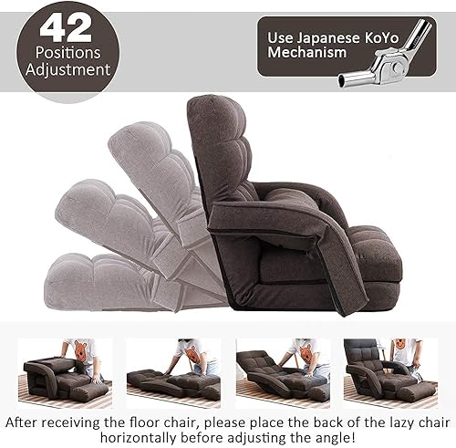 Miniatura 29 de FLOGUOR Silla de suelo, tumbona para interiores, sofá perezoso plegable ajustable de 14 posiciones con reposabrazos y una almohada, sillas