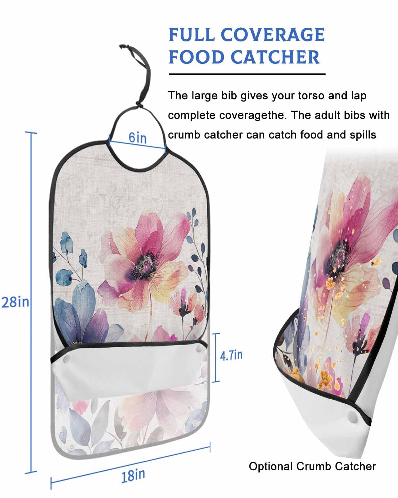 LEOKOTI Pink Blue Spring Floral Adult Bibs for Eating, Waterproof Bibs with Food Catcher & Adjustable Snap Closure, Vintage Summer Botanical Rustic Washable Clothing Protectors Adult Bibs for Elderly