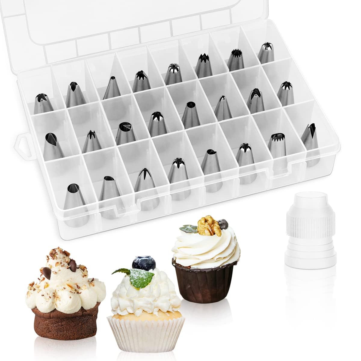 Tazweeq 24 Piece Piping Tips Set, Stainless Steel Nozzles Tip, Icing Piping Nozzles, with Storage Box, for Cake Decorating, Silvery