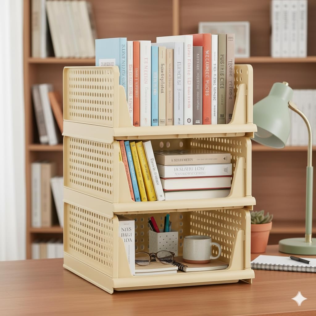 MECHDEL | Wardrobe Organizer For Clothes | Cupboard Organizer | Foldable Shirt Stacker Box | Cloth Box for Almirah | Closet Storage Basket |Plastic Stackable Closet Organizer (Ivory Yellow, 3PCS)