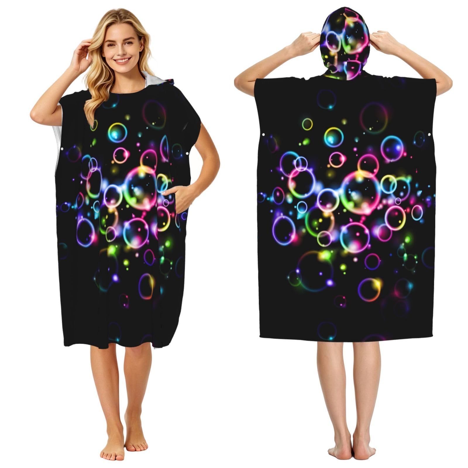 Poadnly Rainbow Bubbles, Adult Hooded Beach Towel 90 x 110 cm,Changing Bath Robe, Surf Poncho Towel For Women Men