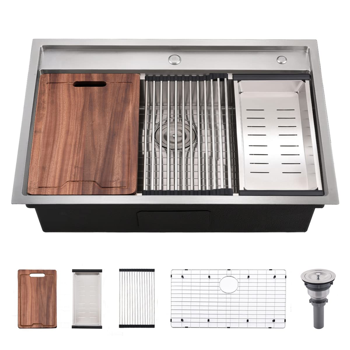 33 Inch Drop In Kitchen Sink Splash Guard Workstation - VOKIM Single Bowl Kitchen Sink 16 Gauge Stainless Steel 10'' Deep Handmade Kitchen Sink with Cutting Board& Strainer