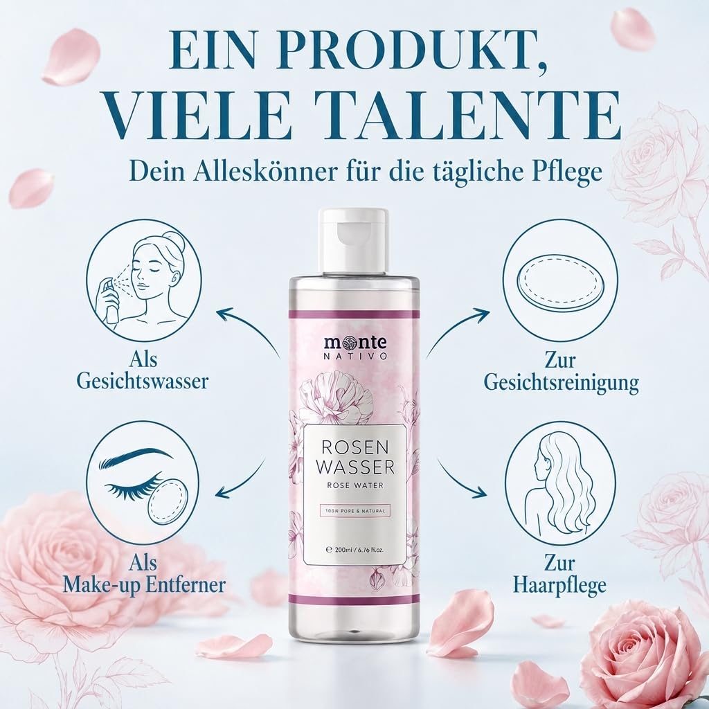 Monte Nativo czysta woda różana, 100% naturalna, do twarzy, z hydrolatem, podwójna destylacja parą wodną, 2 x 200 ml