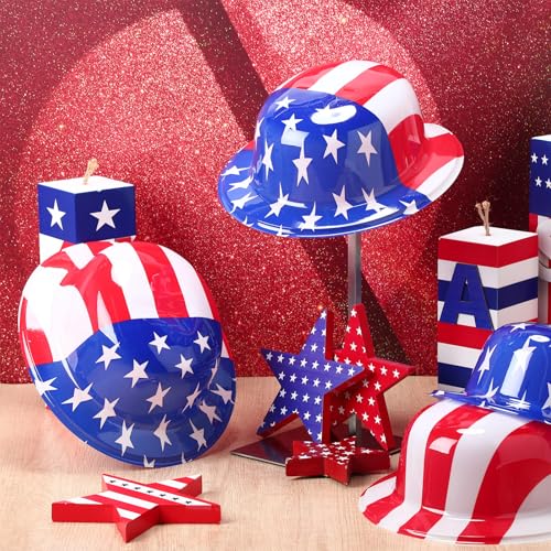 Image of Shyyween American Flag Plastic Hats Patriotic 4th of July USA Party Accessories Red White and Blue Hats for Independence Day