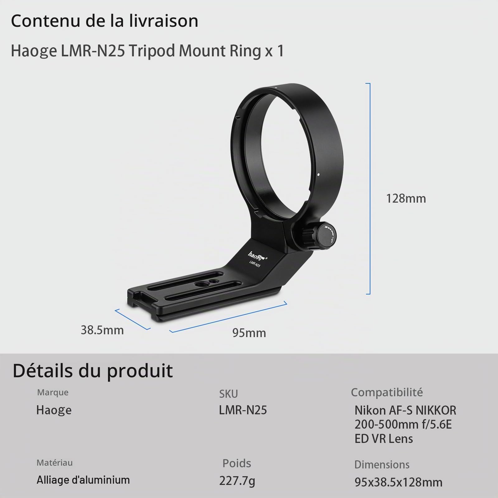 Haoge LMR-N25 Bague de fixation pour trépied pour objectif Nikon AF-S Nikkor 200-500 mm f/5.6E ED VR avec plaque de dégagement rapide intégrée Arca Swiss