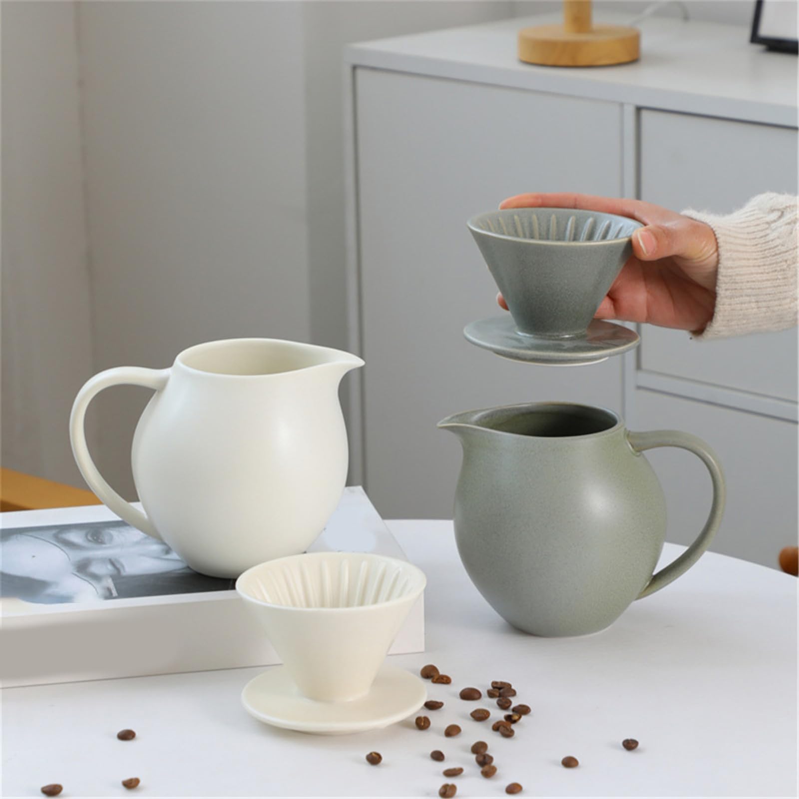 Juego de cafetera de cerámica con gotero y jarras de 830 ml para oficinas en hogar y cafeterías Restaurante Cafetera con Filtro