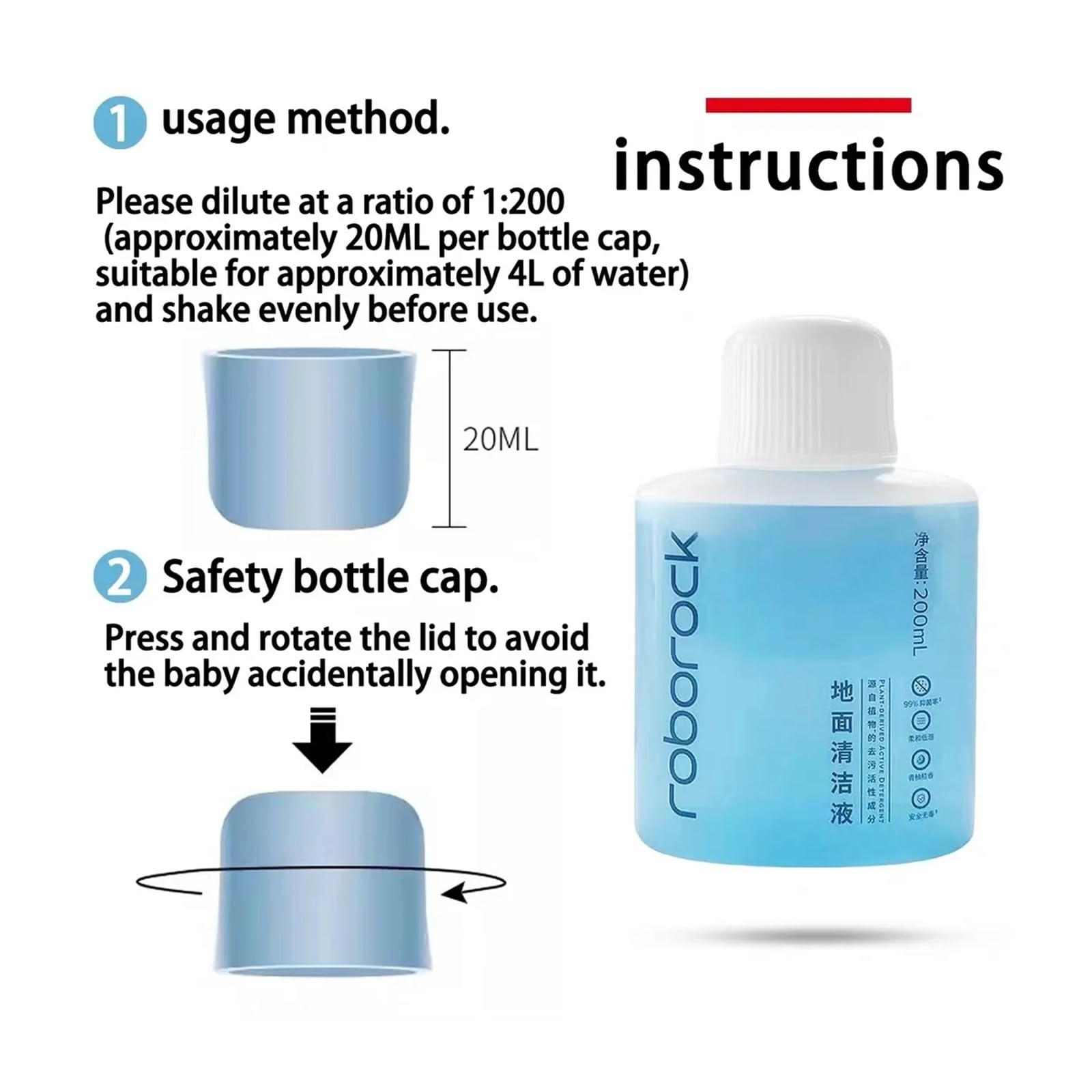 200 ml Bodenreinigungsflüssigkeit, kompatibel mit Roborock, Qrevo Curv, Q5 Pro, S8 MaxV Ultra, Q8 Max+, Qrevo S, Qrevo Pro und anderen Ersatzteilen for Saugroboter.(2pcs)