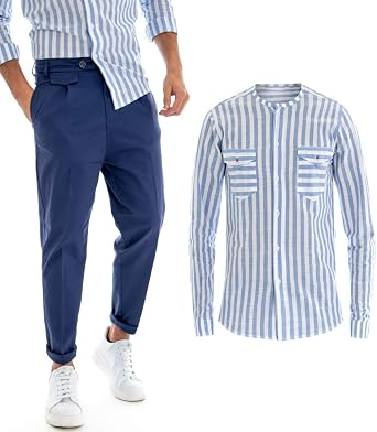 Giosal Outfit Camisa a Rayas Azul Cuello Coreano Completo Hombre pantalón  Azul Azul Claro S: Amazon.es: Ropa