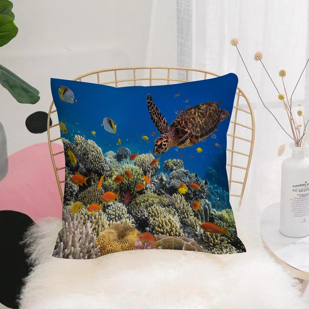 HYOSXW Cushion Cover,Throw Pillow Case Home Decorative for Living Room Bedroom Sofa Chair 16X16 Inch,Ocean, fish Old Turtle Hawksbill swims underwater coral reefs Dahab Red Sea, bl,Pillowcase 40X40cm