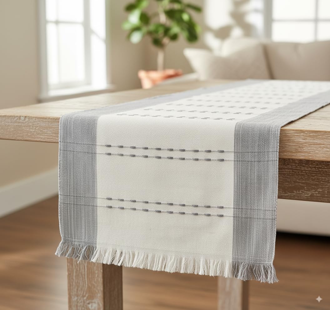 Camino de mesa tejido de algodón orgánico a rayas con flecos, tela rústica de granja, camino de mesa de comedor para cocina, mesa de buffet, bufanda de tocador, antideslizante, lavable, textura