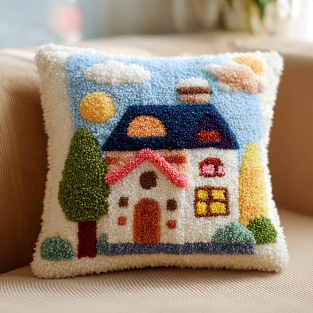 AxiangziK Latch Hook Embroidery Kit,House DIY Throw Cushion Cover 43X43Cm