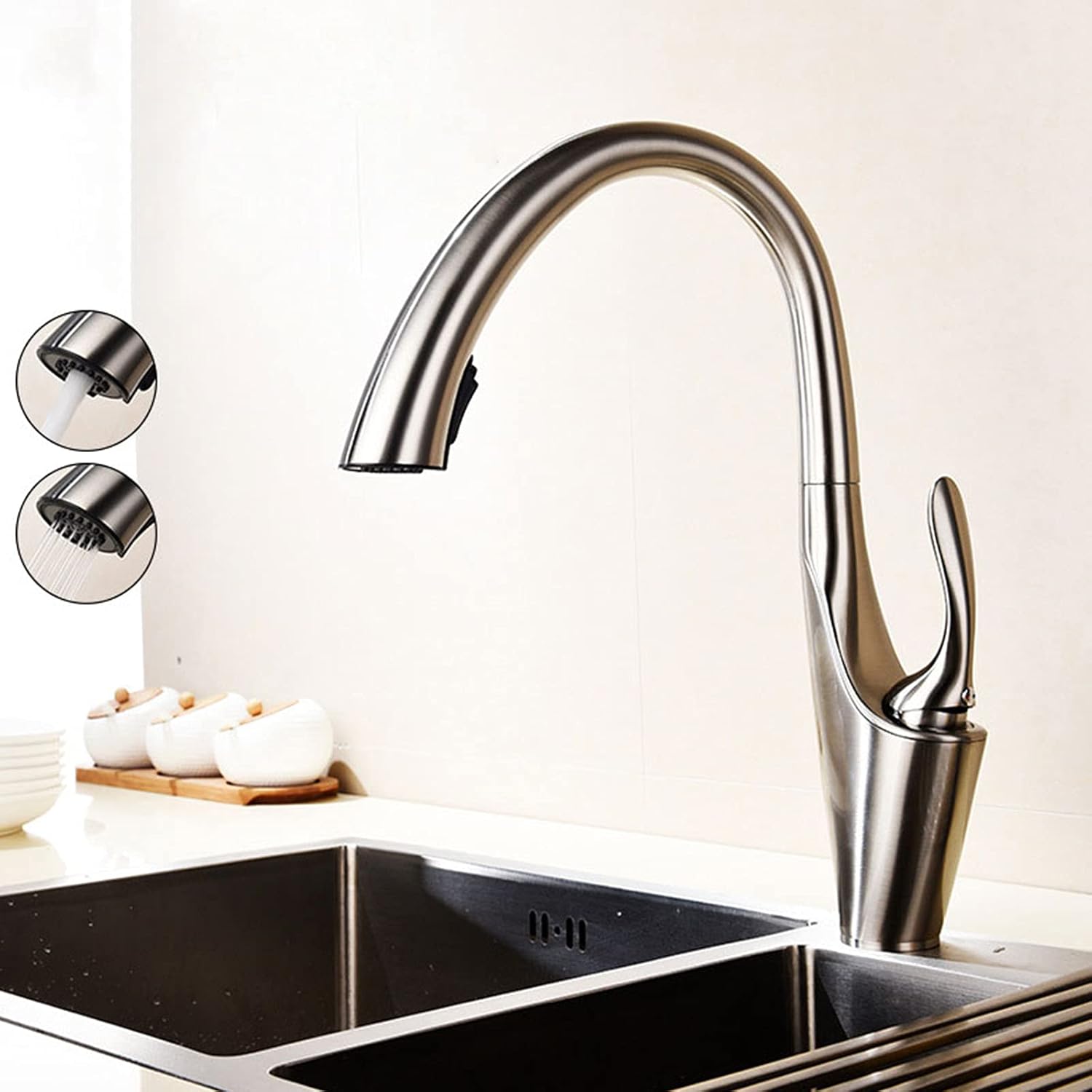 Pull Out Kitchen Faucet 360° Swivel High Arc Kitchen Sink Faucet with Pull Down Sprayer Single Handle Brass Kitchen Mixer Tap for Hot and Cold Water,Black (Color : Brushed+Black)