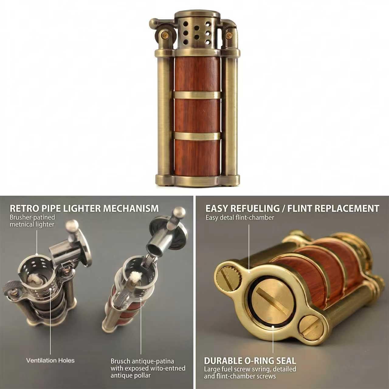 Zapalniczka wielokrotnego użytku, antyczna palisander, nafta, miękki płomień, zapalniczka benzynowa dla mężczyzn, fajny design vintage, łatwa w użyciu (paliwo nie jest dołączone)