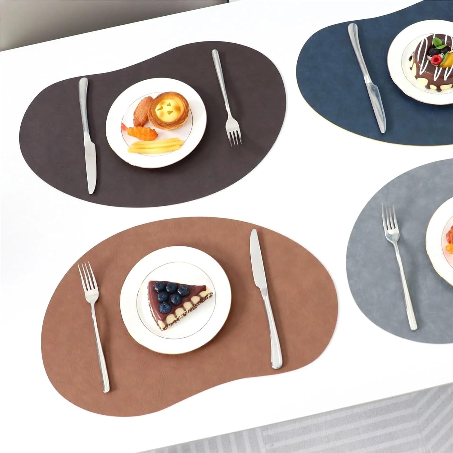 PU Leather Oversized Placemats Irregular Shape Dual-Sided Flatware Place Pad Oil-Proof Surface Gift Dinnerware Mats(Mango Brown,32x50cm 6pcs)