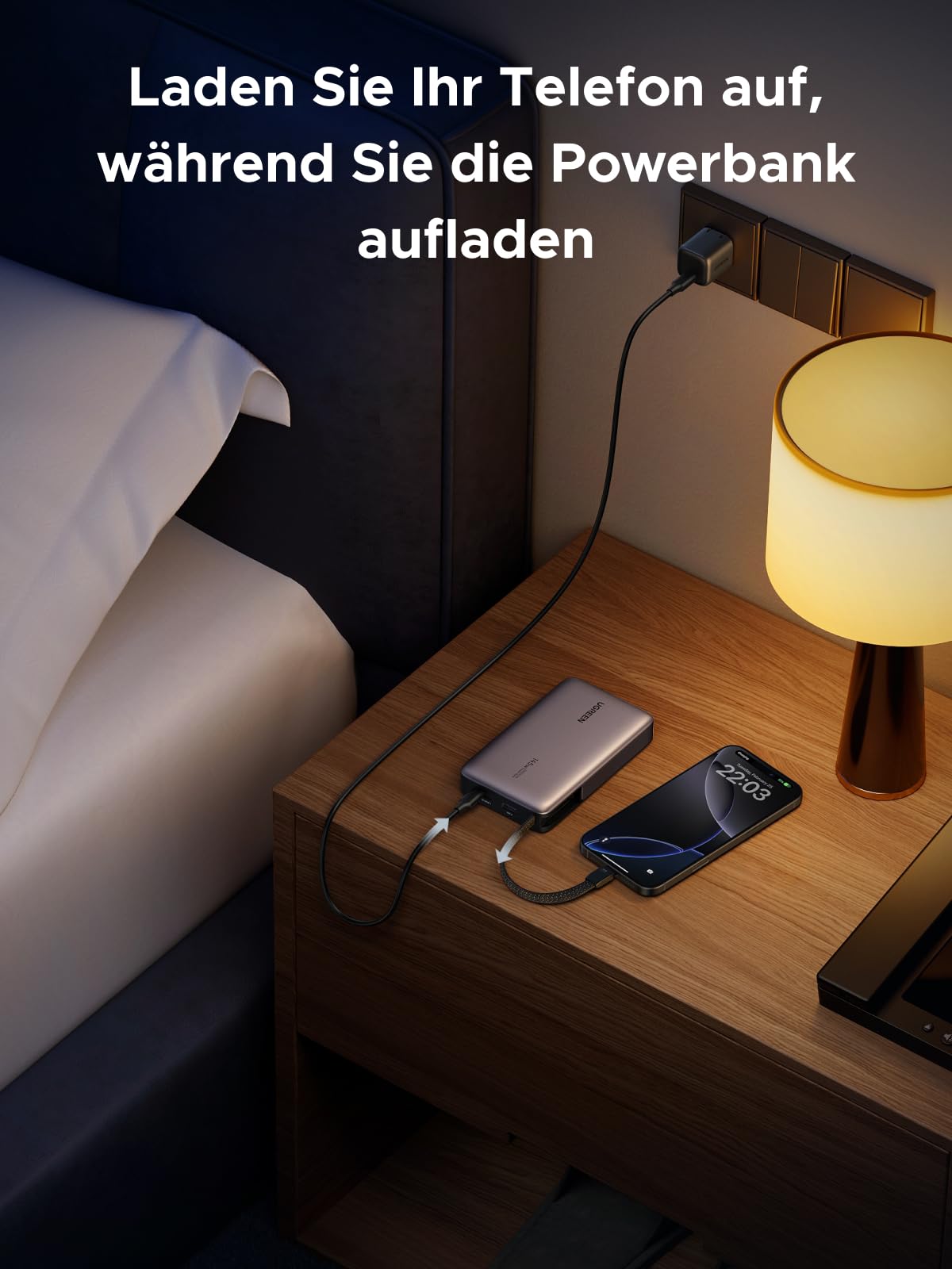 UGREEN Nexode Power Bank 20000mAh 145W mit integriertem USB-C Kabel | 2x USB-C+1x USB-A, Laptop/Handy-Aufladung, Kompatibel mit Macbook, iPad, iPhone, für Reisen/Büro