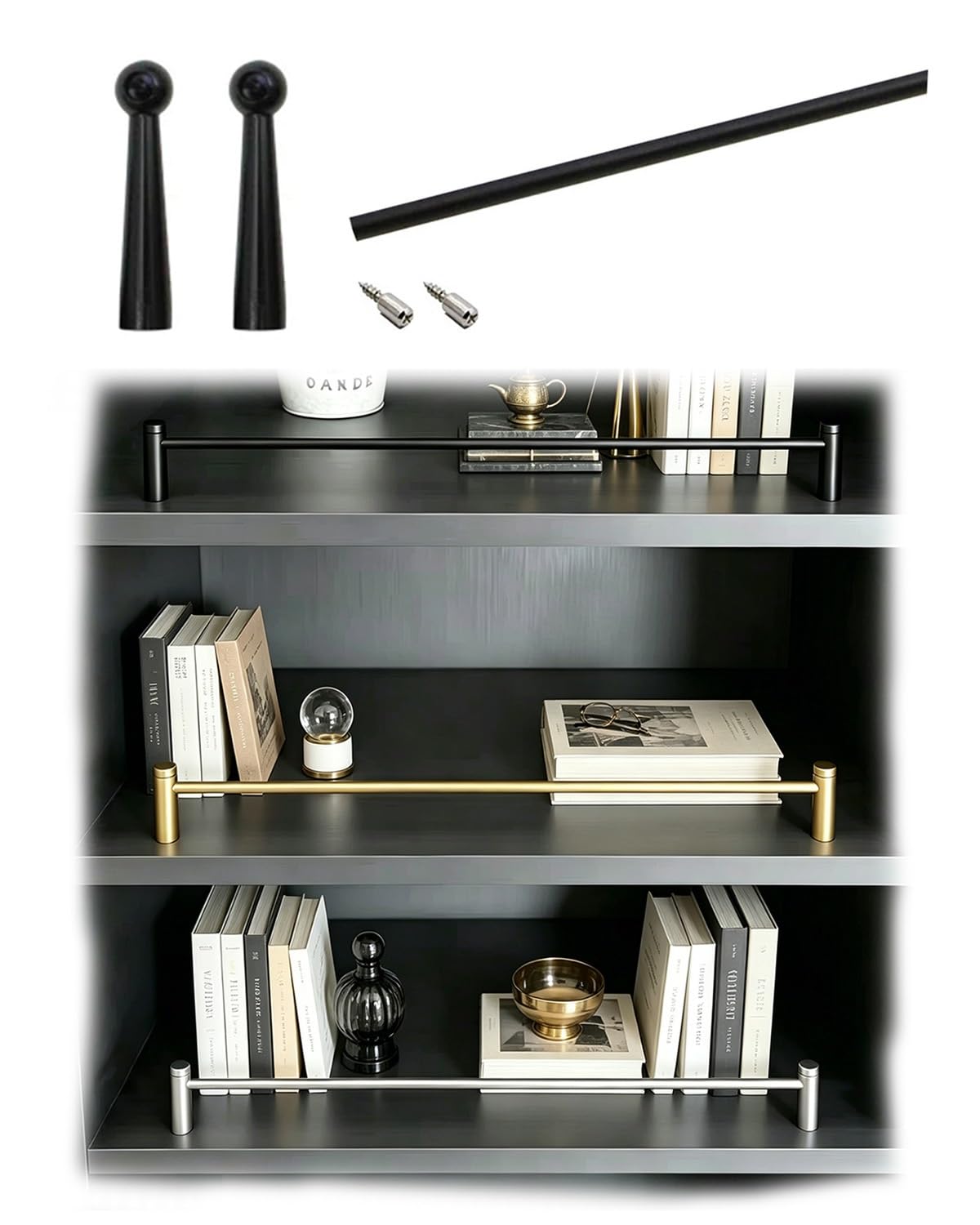 Zimgod Black-B Aluminum Gallery Rail Kit For Bookshelves/Furniture/Cabinet, Shelf Edge Tipping Guardrail Rod, Decorative Shelving Fence With Spindles & Hardware(,52In/132Cm)