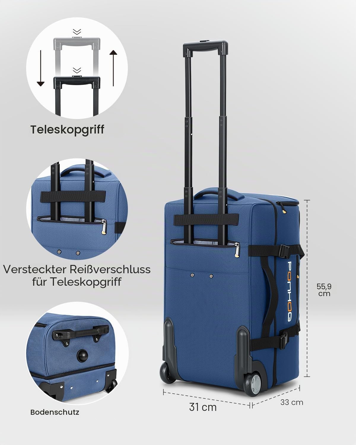 Ponhog Reisetasche mit Rollen - Trolley Sporttasche, Rolltasche mit Schuhfach und Wasserabweisend für Reisen, Fitness, Übernachtung, Ausflug, Wochenendausflug