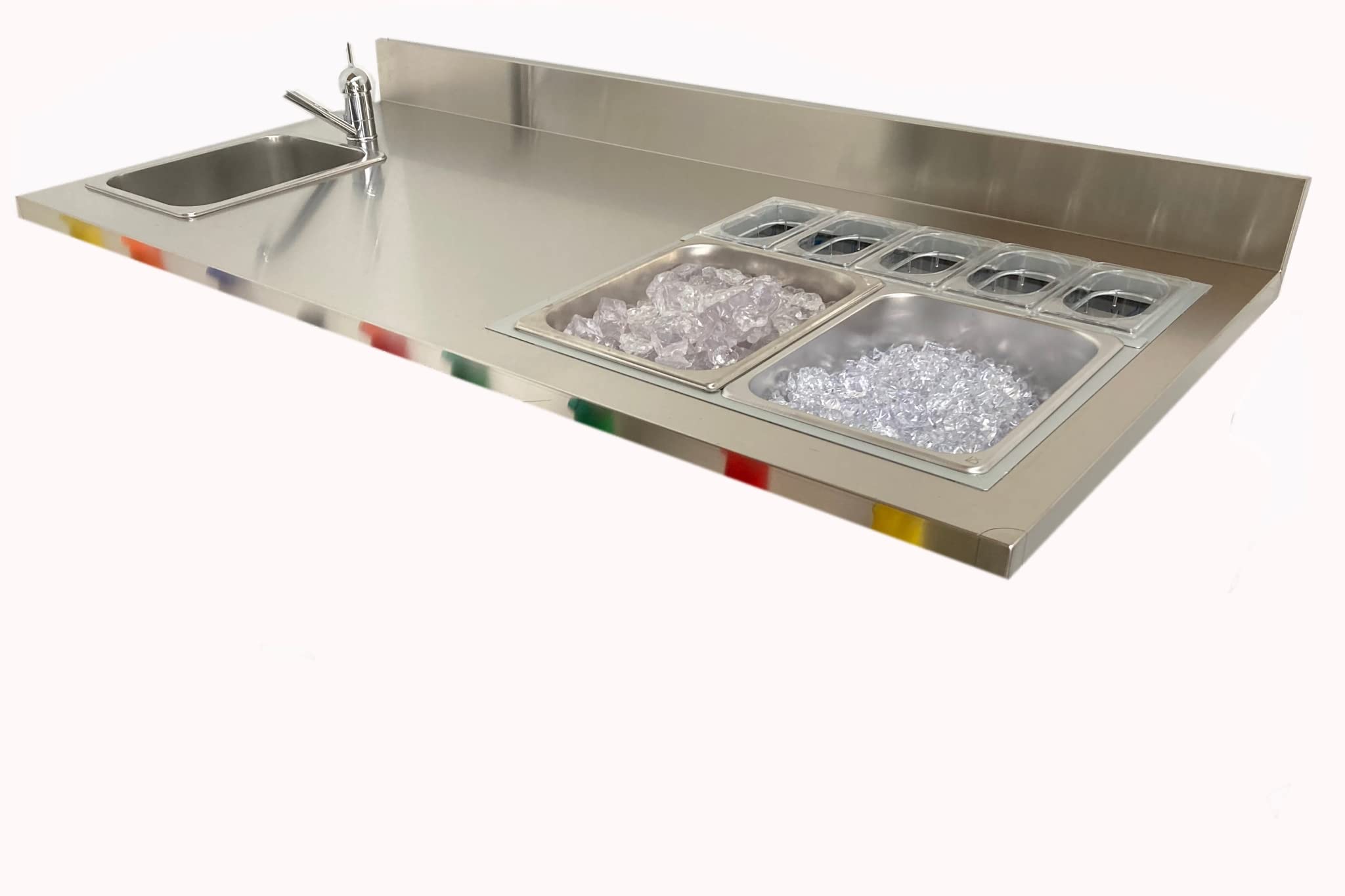 Cocktail Station cm. 150xp70 da appoggio, €. 791+iva, Top per Barman, Piano Preparazione Cocktails, Piano in acciaio inox con alzatina alta cm.18 attrezzato come da foto