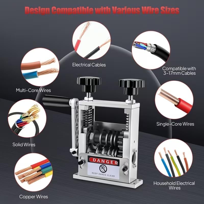 Image of 6-in-1 Manual Wire Stripper Machine with Hand Crank & Drill-Operated Auto Mode, 1-17mm Cable Stripping Tool, 5 Carbide Blades & 6 Tracks, Copper Wire Peeler for Scrap Recycling, Kabadi, Electrician
