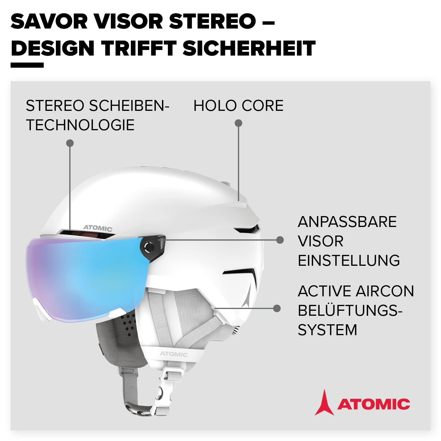 Atomic Savor Visor Stereo Casco da sci con visiera, massimo assorbimento degli urti, sistema di ventilazione Active Aircon, lenti a specchio per una visione chiara, circonferenza 51-55 (S), bianco