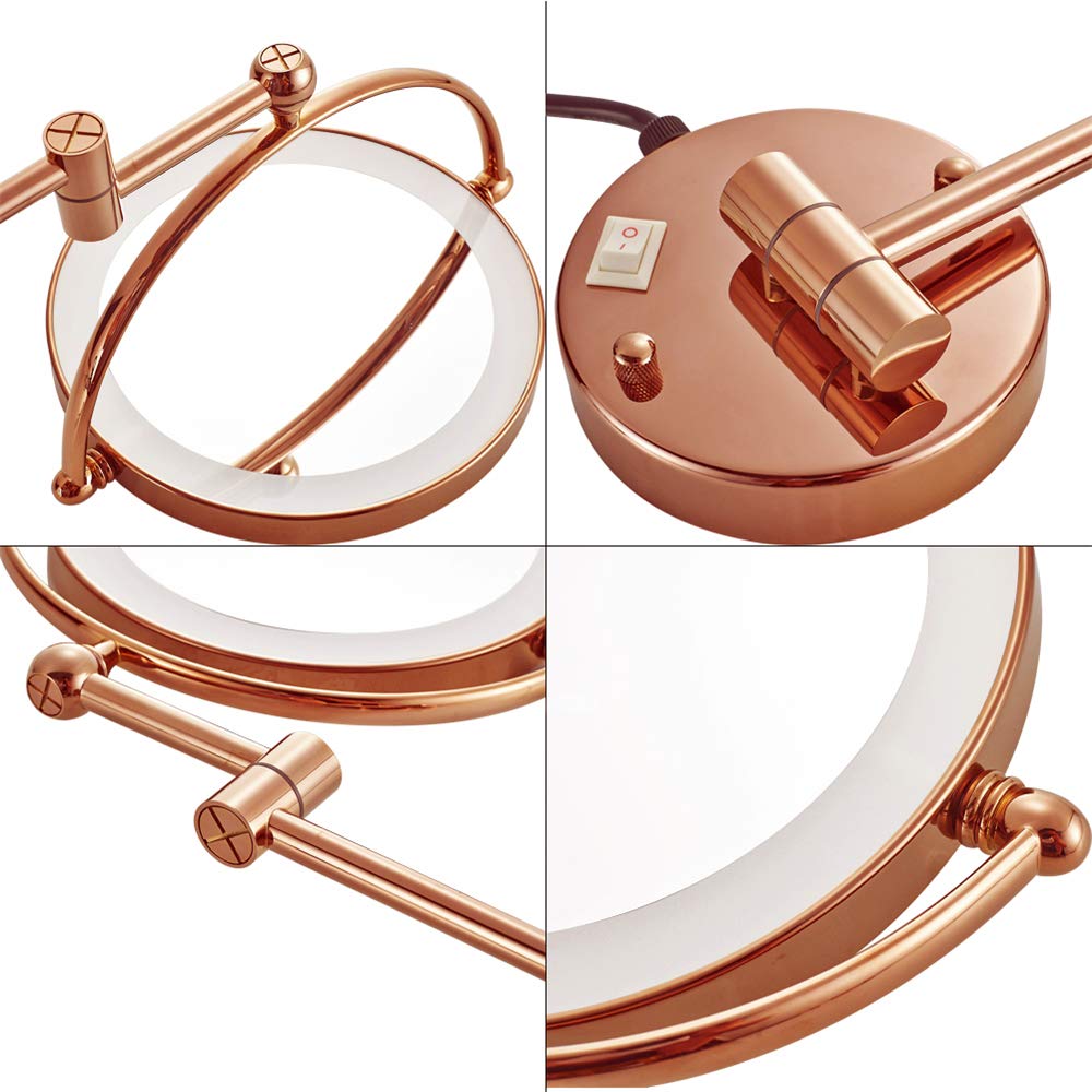 Espejo de maquillaje con luz LED montado en la pared, espejo de baño extensible de latón de doble cara de oro rosa de 8 pulgadas con aumento, con interruptor y enchufe,3x