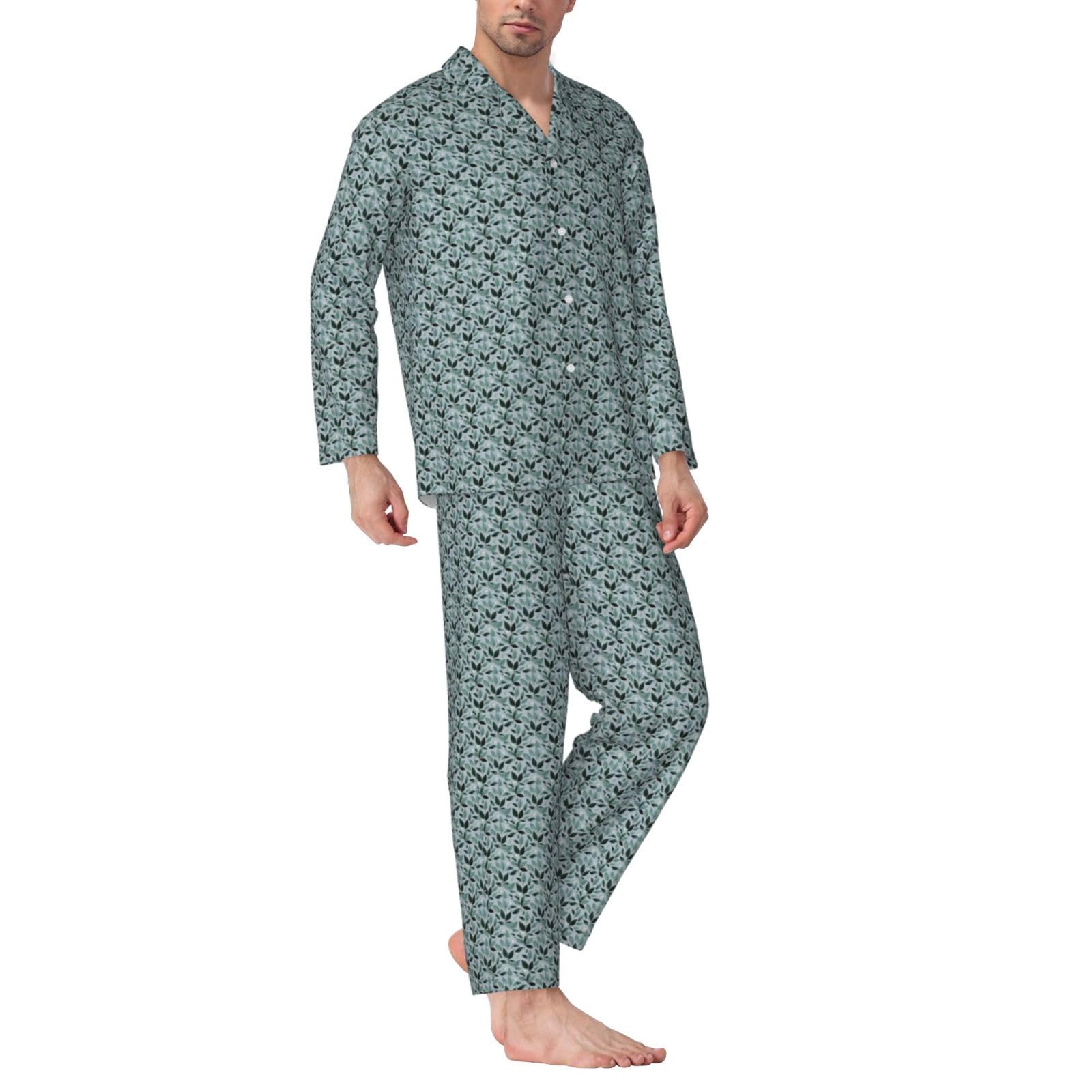 Herren-Pyjama-Set, langärmelig, Blattmuster, 2-teilig, für Zuhause, bequeme Nachtwäsche, Minzgrau