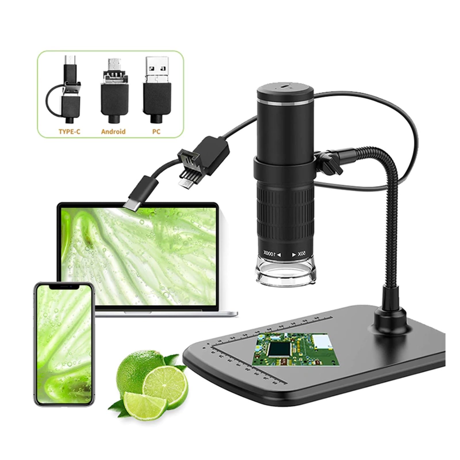 1000X 3in1 USB Digital Microscope Type-C Electronic Camera 8 LED Magnifier Adjustable Magnification With Stand