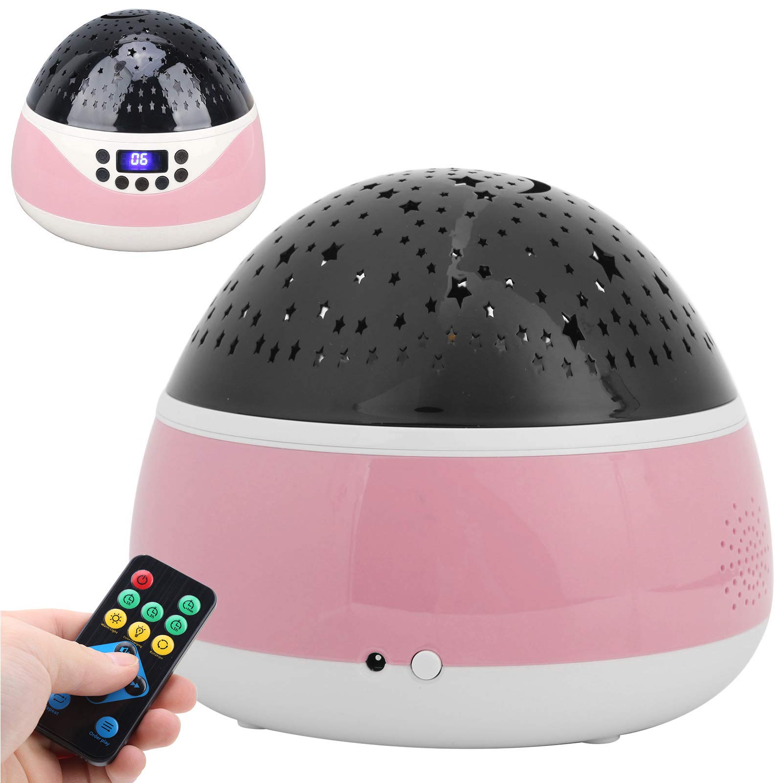de Luz Nocturna con Control Remoto y Música para Niños, Pantalla LED, Rotación de 360 ​​grados, Material ABS, 14,5x14,5x13,5 Cm (Rosa)