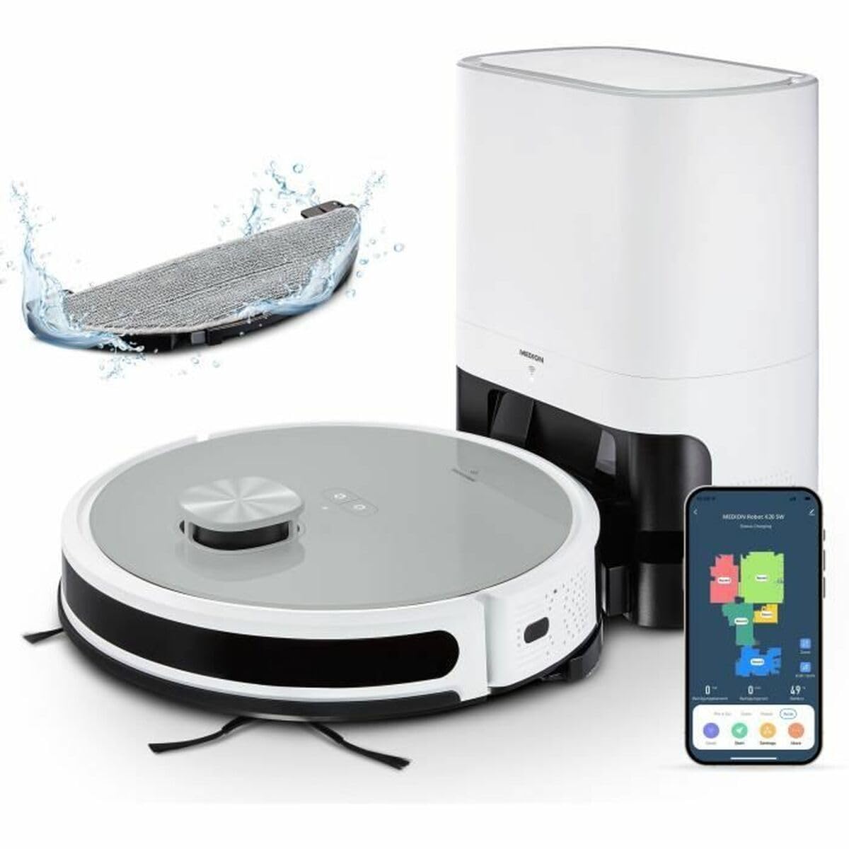 MEDION Saugroboter mit Absaugstation und Wischfunktion X21 SW (Lasernavigation, Starke 3000Pa Saugkraft, 2in1 Roboterstaubsauger, präzise Kartenerstellung, Go & No Go Bereiche, mehrere Etagen)