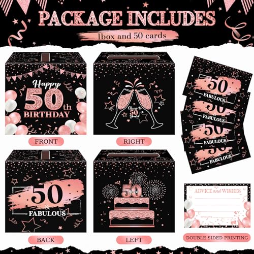 Image of Funrous 50th Birthday Party Message Card Box Cheers to 50 Years Black Rose Gold Advice and Wishes Greeting Card Box for Men Women Birthday Decorations Party Supplies Anniversary Tables Sign Decor