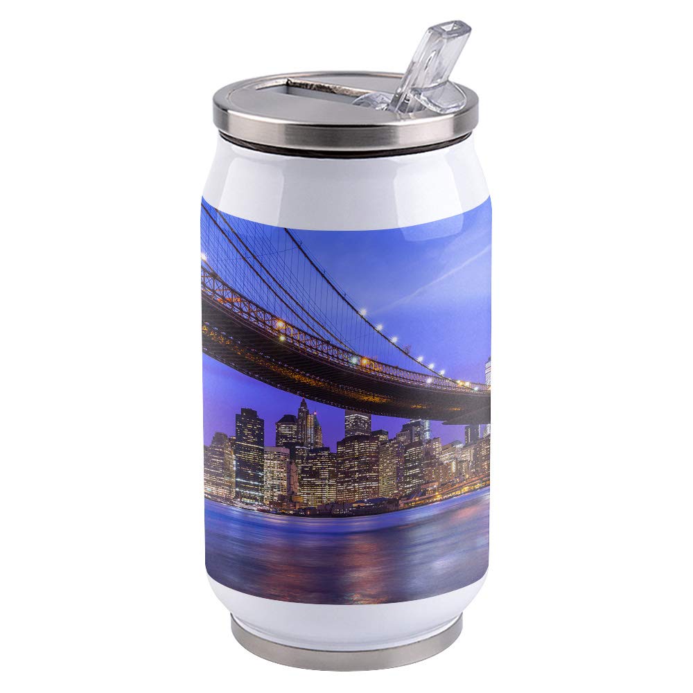 10 OZ Insulated Stainless Steel Travel Tumbler with Lid, Landscape Double Wall Tumbler Coffee Cup with Straw and Lid Manhattan Skyline with Brooklyn Bridge Towers in NYC America