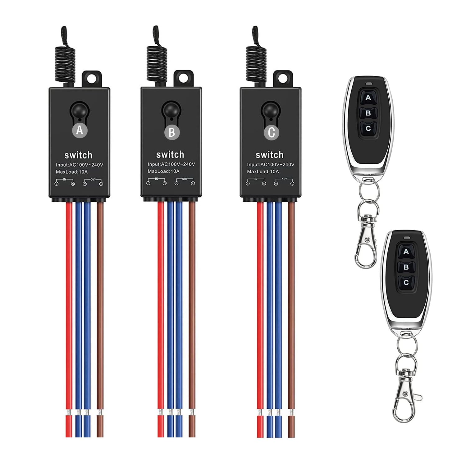 Meskliu 3 Way Mini Remote Control Switch - AC 110V/120V/220V/240V/10A Relay ON/Off With 328FT Long Range for Motor, Lamps, LED Lights, Fans (2 Remote