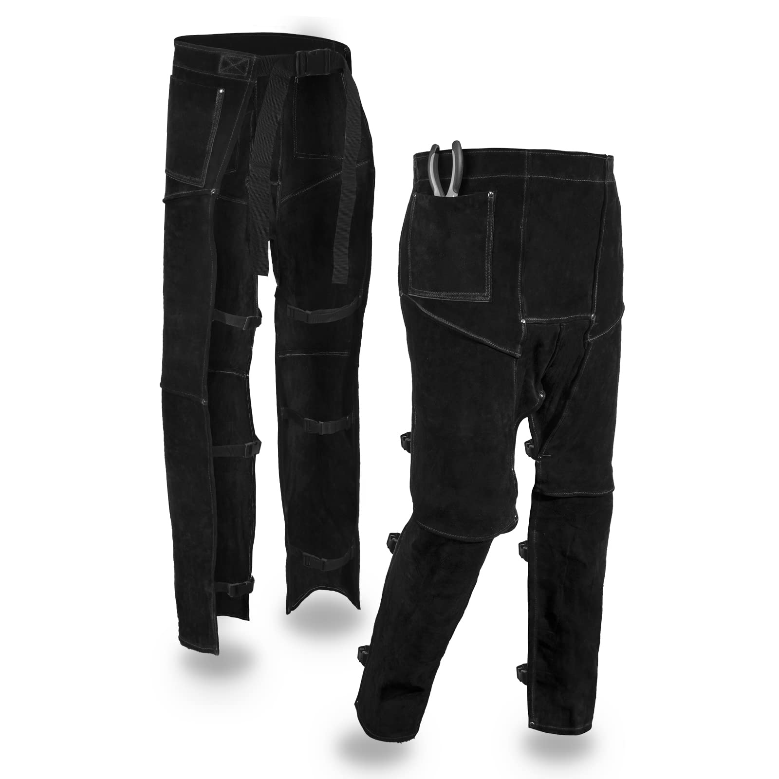 LeaSeek Pantalones de soldadura,delantal de cuero resistentes al calor | Mandil para soldadura pierna dividida, ajustable, 1 bolsillo, para herrería, barbacoa, carpintería y taller