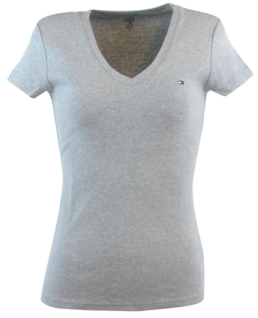 Tommy Hilfiger Womens V-Neck Solid Color Logo T-Shirt XS Gray