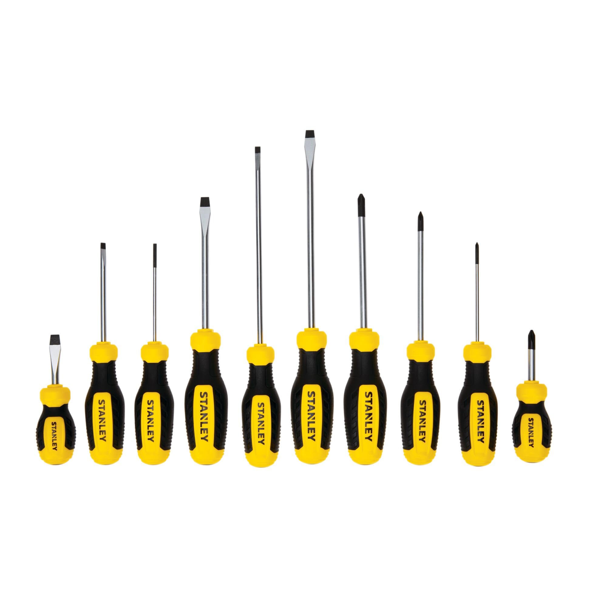 Screwdriver Set, 10 Piece, Cross-Tip & Slotted (STHT60799) | Screw driver set includes Phillips, slotted, stubby, pocket, tri-lobe handle, nickel bars, heat-treated tips
